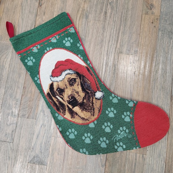 Manual Woodworkers & Weavers Other - Tan Dachshund Weiner Dog Christmas Tapestry Stocking Red Green Paw Print‎ Picken